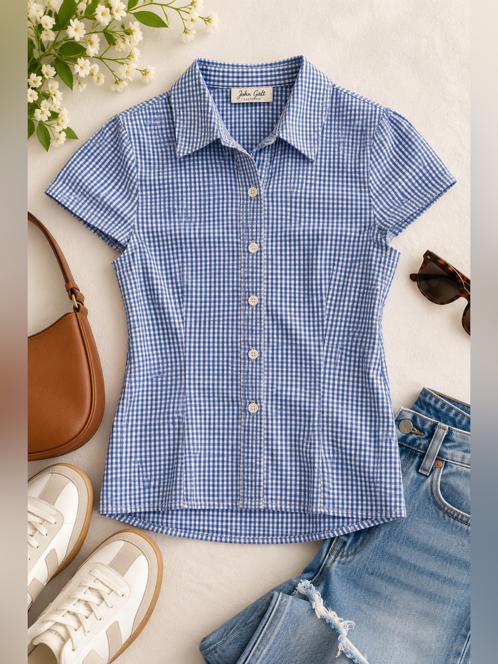 John Galt - Brandy Melville Blue Gingham Cap-Sleeve Button-Down Shirt